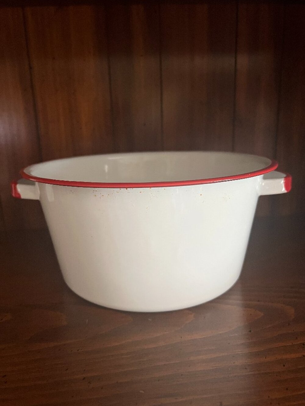 Vintage 2 Quart Enamelware Pot White Trimmed in Red